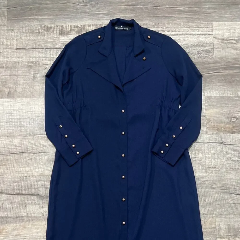 NWOT Pomander Place‎ Tuckernuck Size Small Midi Dress Navy Blue Gold Buttons